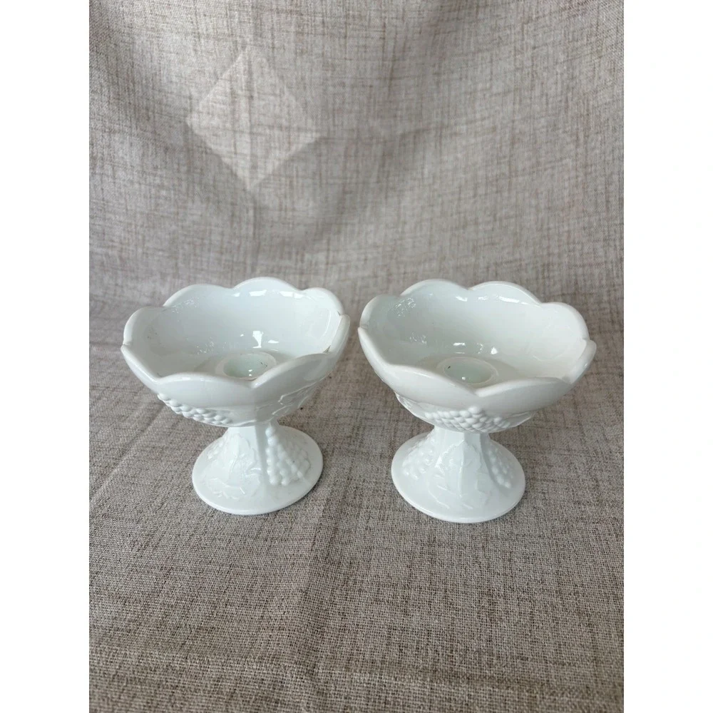Vintage Indiana Glass Colony Candle Holders White Harvest Grape Milk Glass